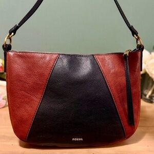 Fossil Skylar Leather Shoulder Bag Brown & Black Colorblock | Gold Hardware